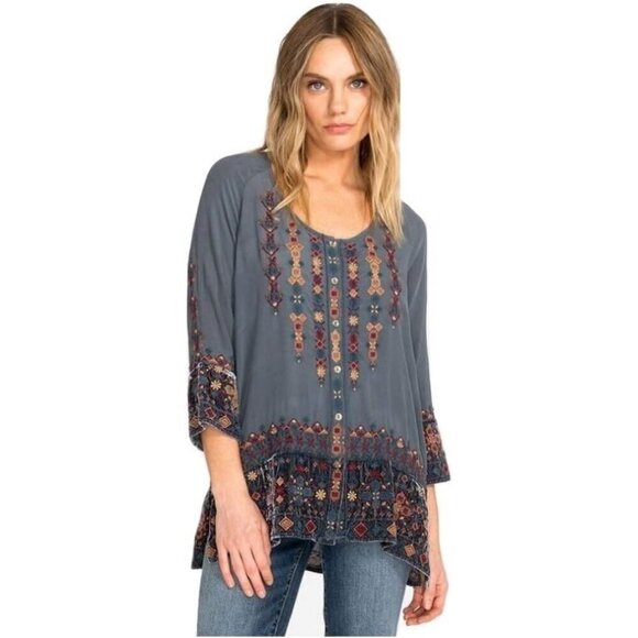 💕JOHNNY WAS WORKSHOP💕 Vika Velvet Mix Blouse ~ 100% Silk PEW Small - Picture 2 of 12